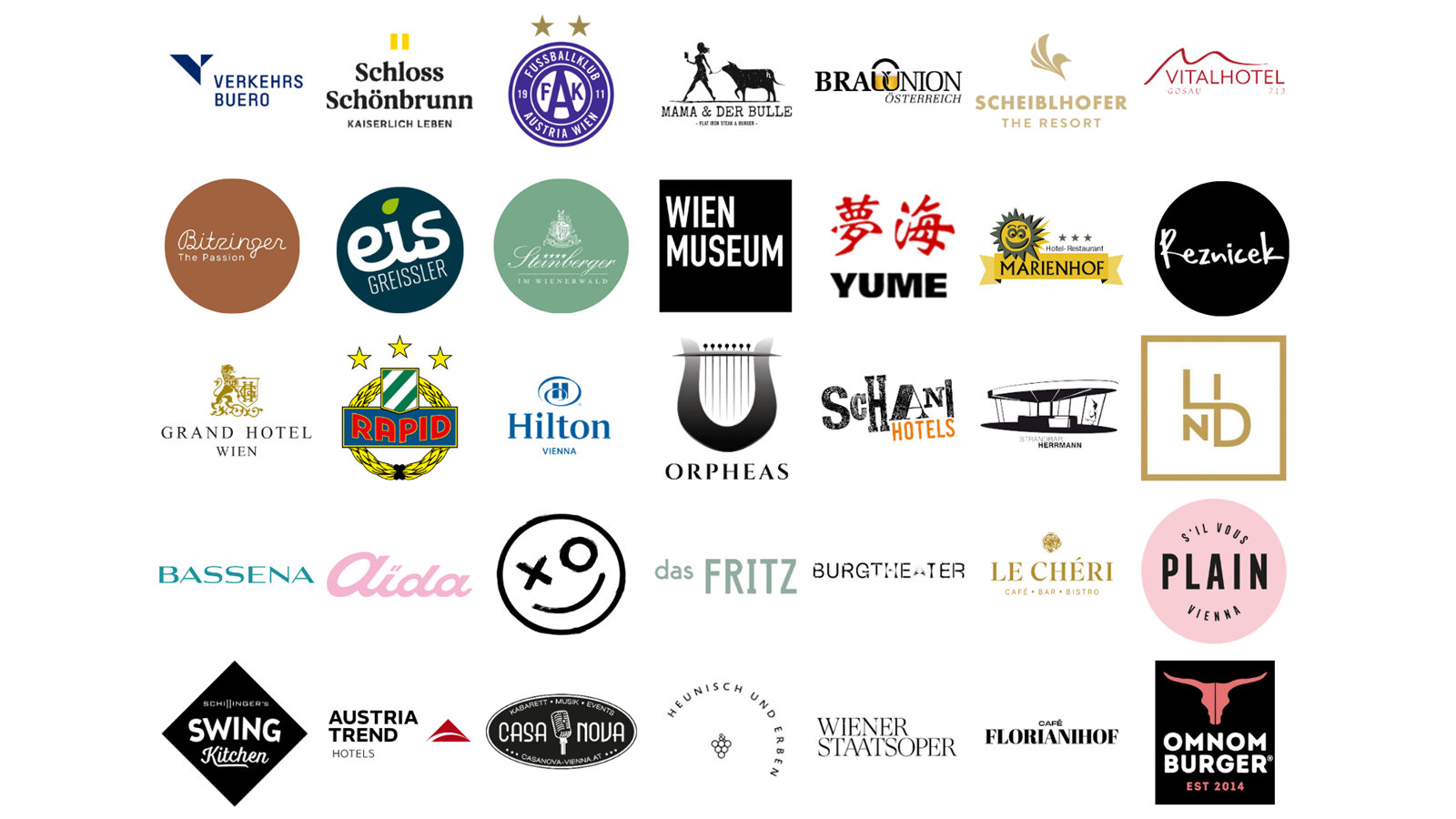 Kunden von 1000 Tische & Stühle – u. a. Verkehrsbüro, Schloss Schönbrunn, FK Austria Wien, Brau Union, Scheiblhofer, Wien Museum, Grand Hotel Wien, Rapid, Hilton Vienna, Burgtheater, Wiener Staatsoper, Aida, Austria Trend Hotels
